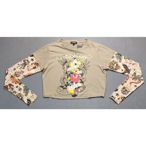 Ed Hardy Women’s NWT True To My Love Cropped T Shirt With Mesh Tattoo Sleeves Lg